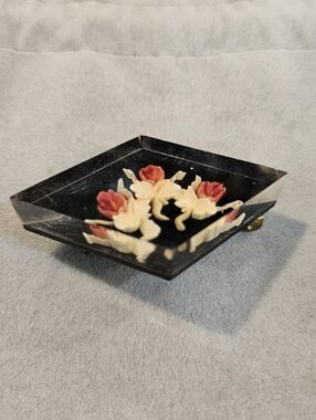 Black Vintage 40s Flower Carved Lucite Brooch with Red and Cream Roses